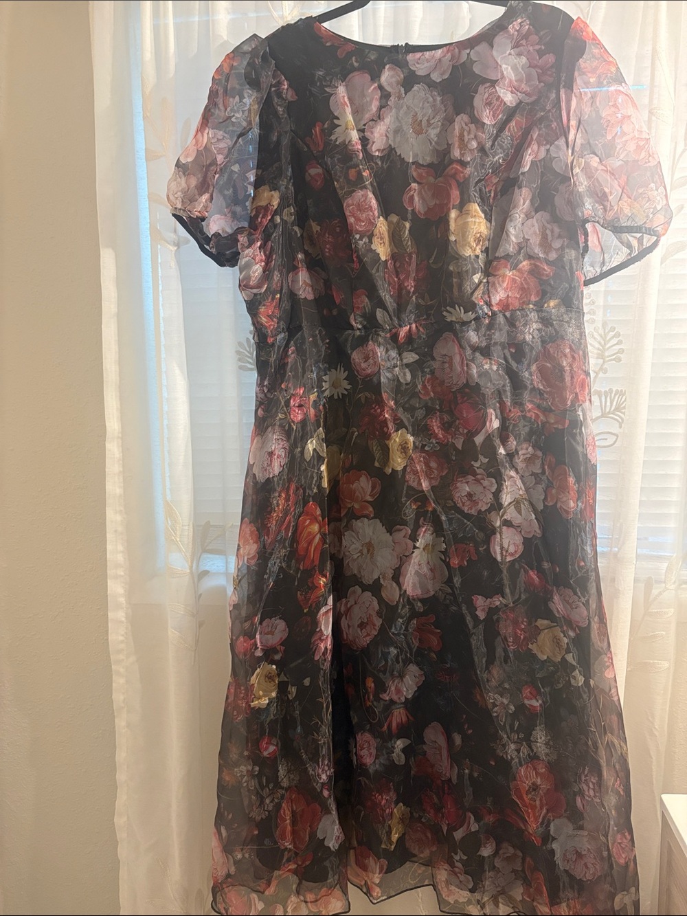 SHEIN Black Floral Print Sheer Midi Dress with Multicolor Blooms